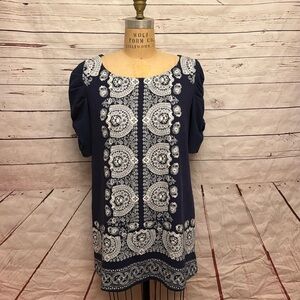 Anthropologie Akemi & Kin Boho Dress Navy Blue Lime Green, & white  Size L